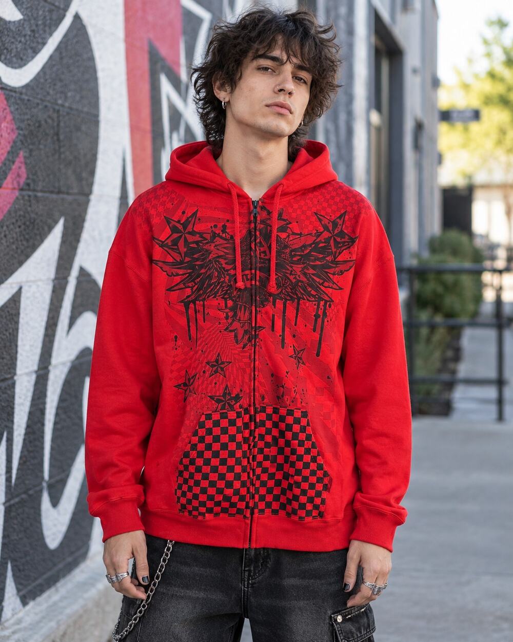 Darkstar Skateboards Vintage Hoodie Red Graphic Print Y2K Grunge Zip Men Large